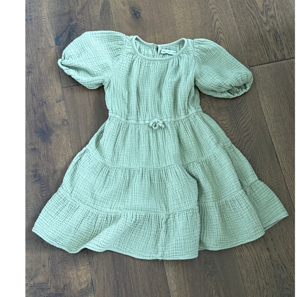 Zara Kids Double Gauze Tiered Puff Sleeve Dress Sage Green Size US 9